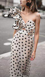 CROSS-SHOULDER FISHTAIL DRESS IN POLKA DOT