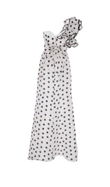 CROSS-SHOULDER FISHTAIL DRESS IN POLKA DOT