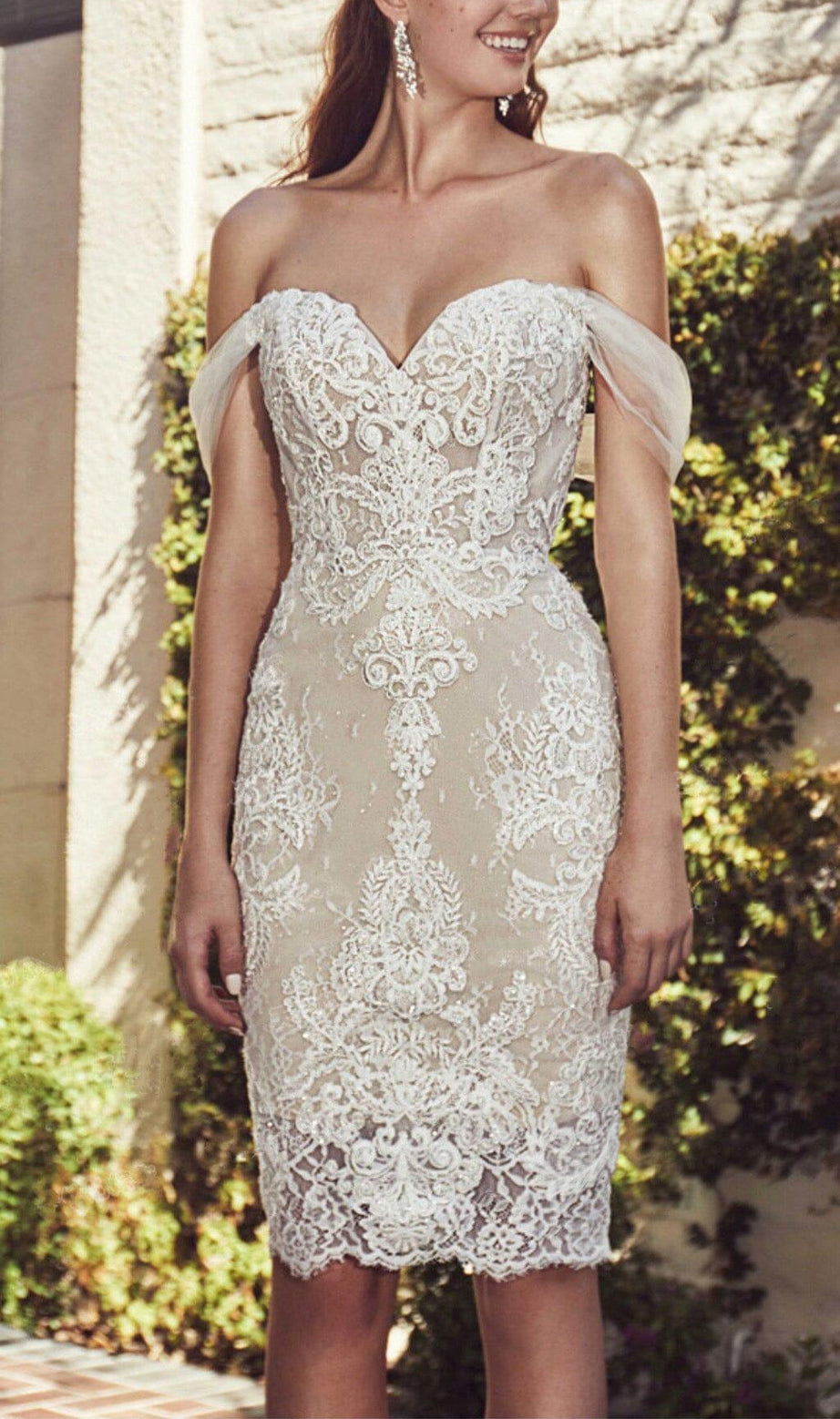  OFF SHOULDER LACE SHORT WEDDING DRESS IN APRICOT