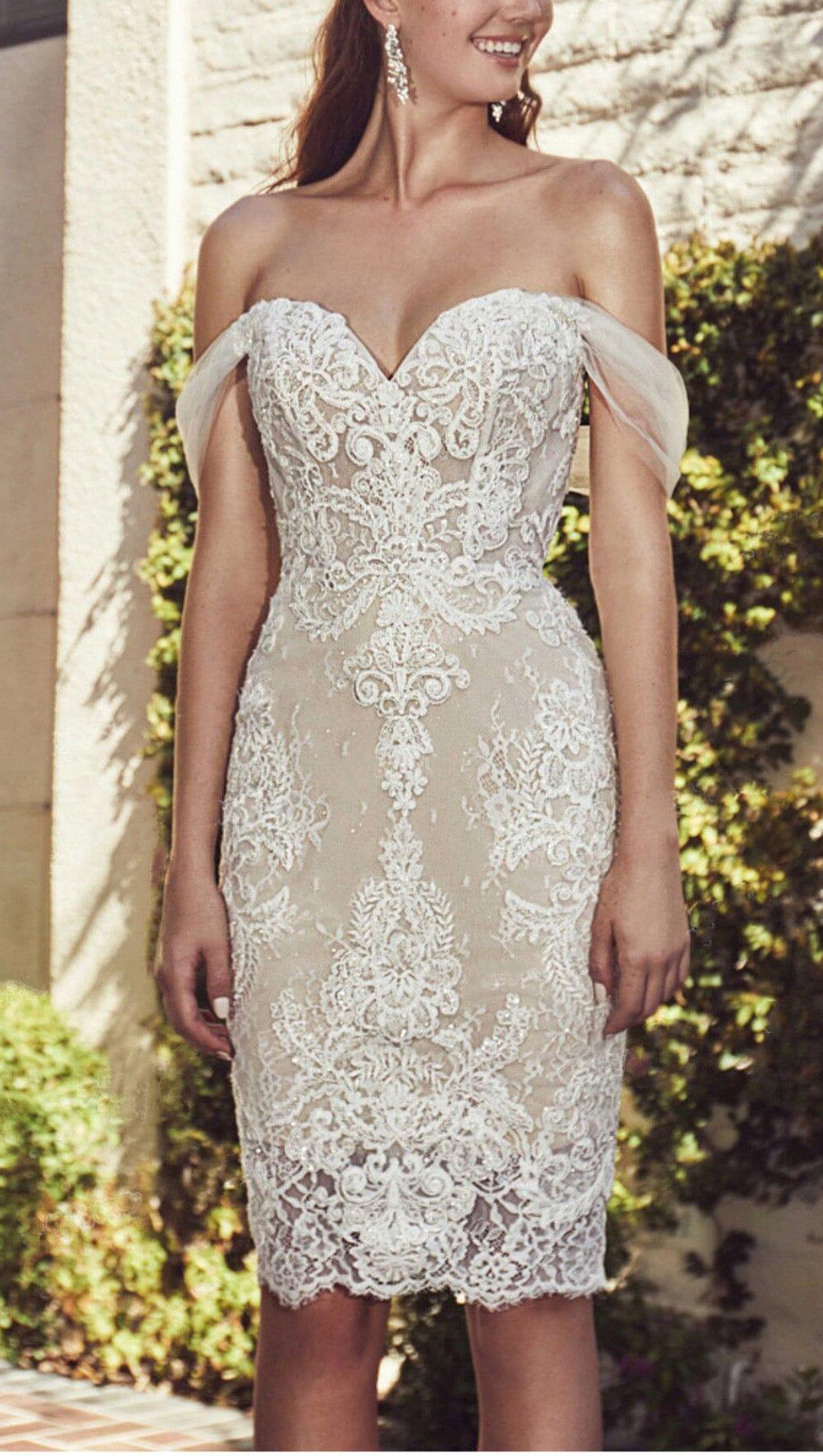  OFF SHOULDER LACE SHORT WEDDING DRESS IN APRICOT