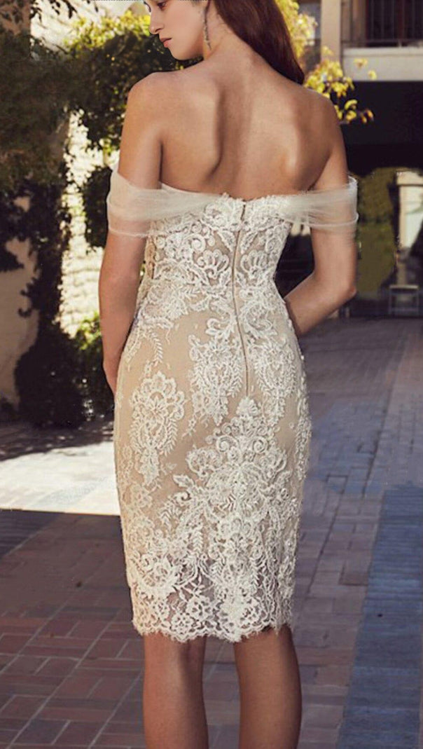 AIIZIE OFF SHOULDER LACE SHORT WEDDING DRESS IN APRICOT - product image