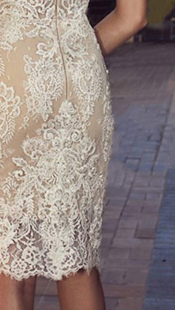 AIIZIE OFF SHOULDER LACE SHORT WEDDING DRESS IN APRICOT - product image