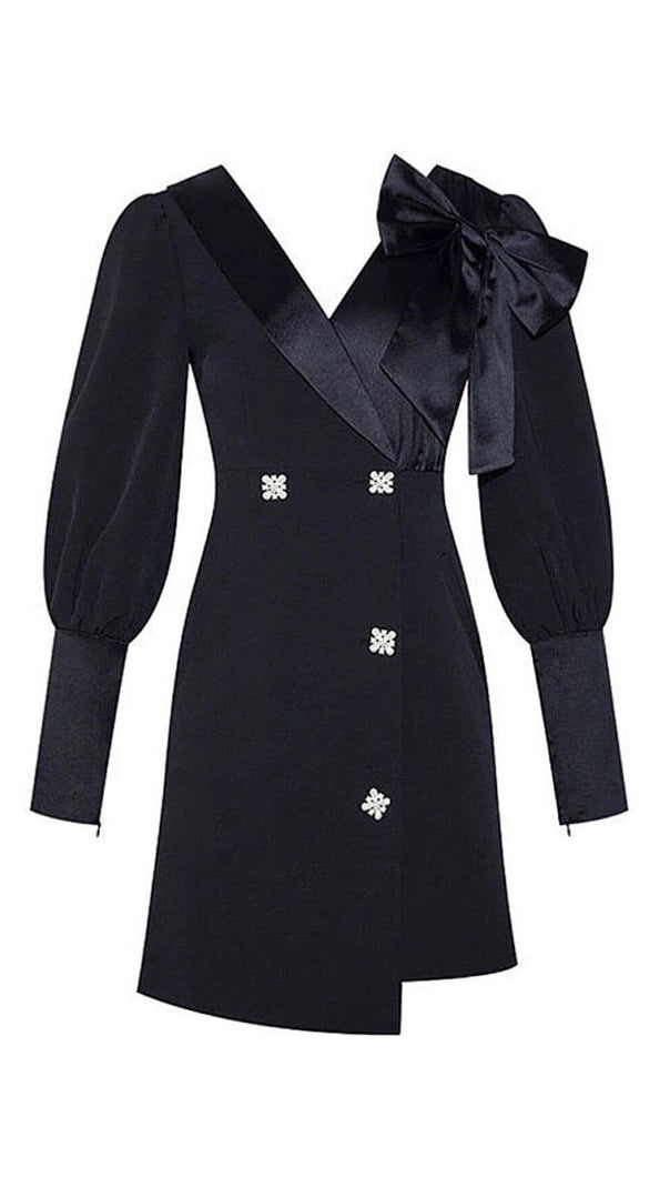 AIIZIE DIAMOND-BUTTON BOW LATERN SLEEVE IRREGULAR SUIT DRESS IN BLACK - product image
