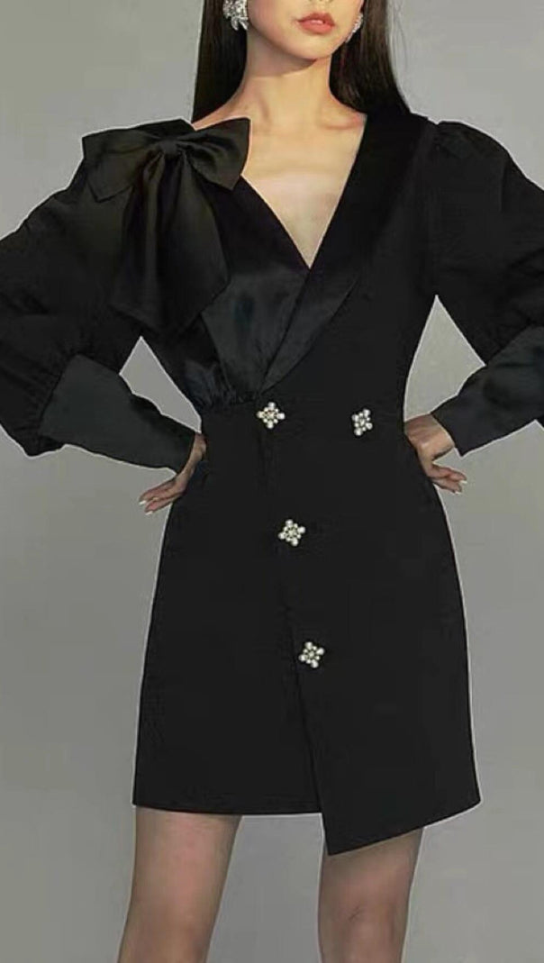 AIIZIE DIAMOND-BUTTON BOW LATERN SLEEVE IRREGULAR SUIT DRESS IN BLACK - product image