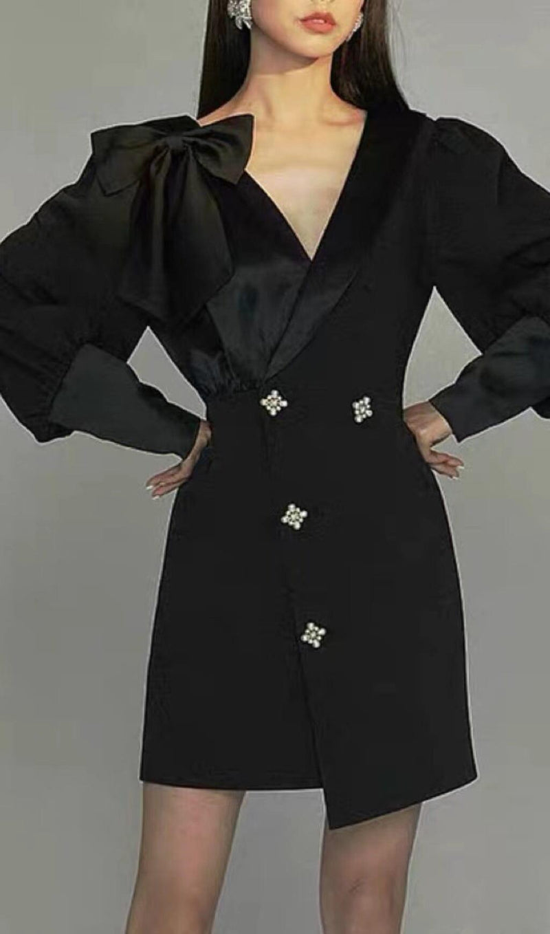 DIAMOND-BUTTON BOW LATERN SLEEVE IRREGULAR SUIT DRESS IN BLACK