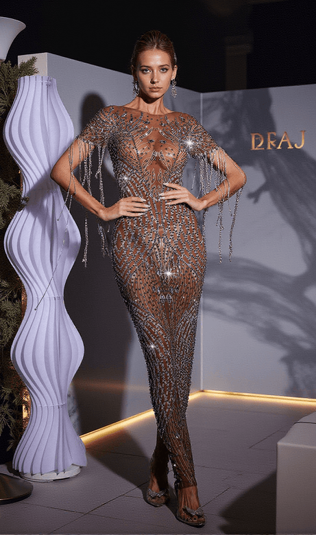 Kason Rhinestone Fringe Printed Mesh Maxi Dress