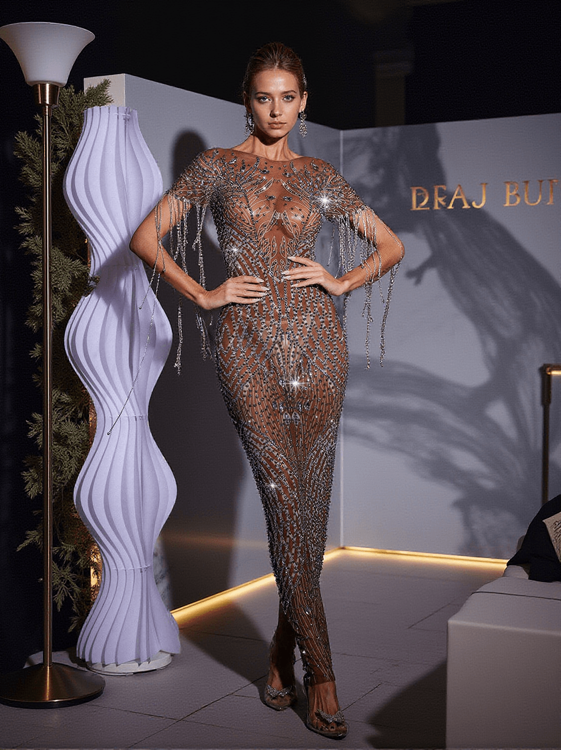 KASON RHINESTONE FRINGE PRINTED MESH MAXI DRESS