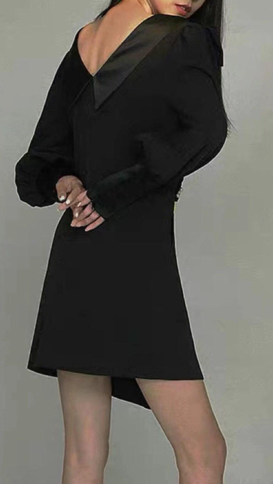 DIAMOND-BUTTON BOW LATERN SLEEVE IRREGULAR SUIT DRESS IN BLACK