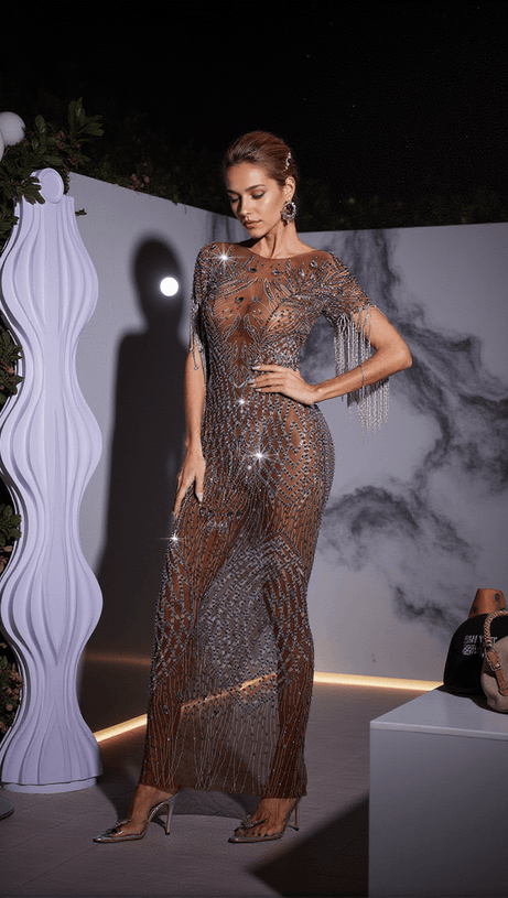 KASON RHINESTONE FRINGE PRINTED MESH MAXI DRESS