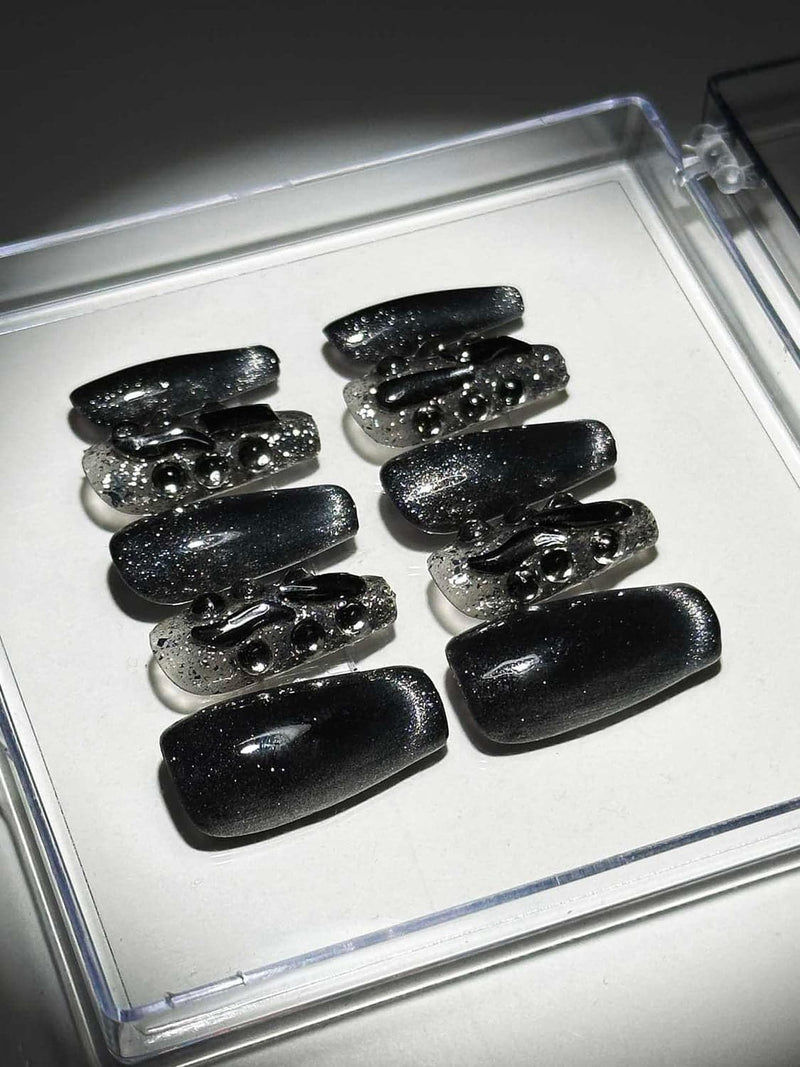 Black Cat Eye Crystal Handmade Press On Nails