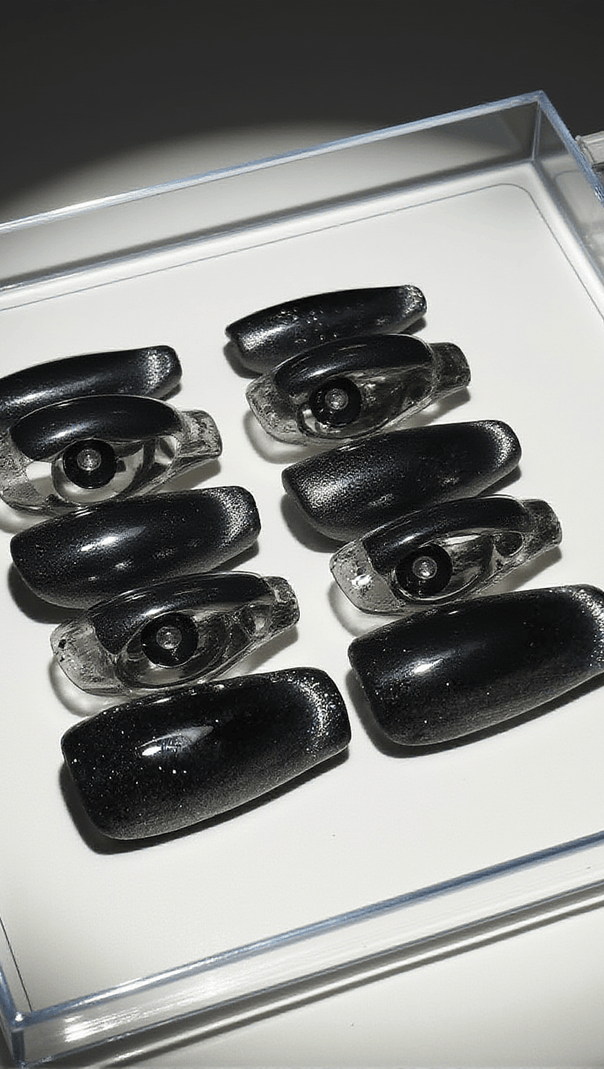 AIIZIE BLACK CAT EYE CRYSTAL HANDMADE PRESS ON NAILS - product image