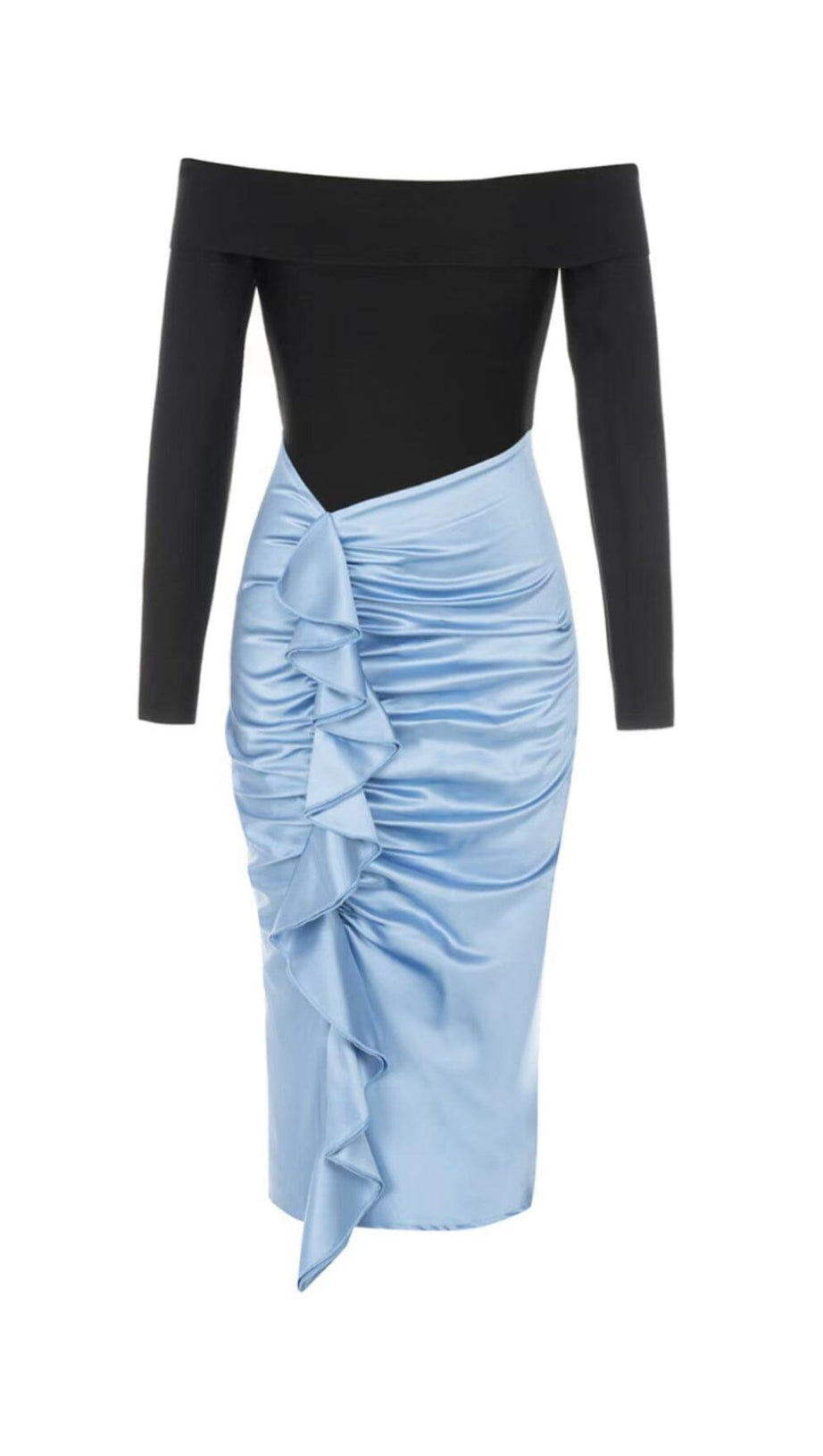 ONE-LINE SHOULDER LOTUS LEAF FISH TAIL DRESS IN BLACK AND BLUE SPLICED