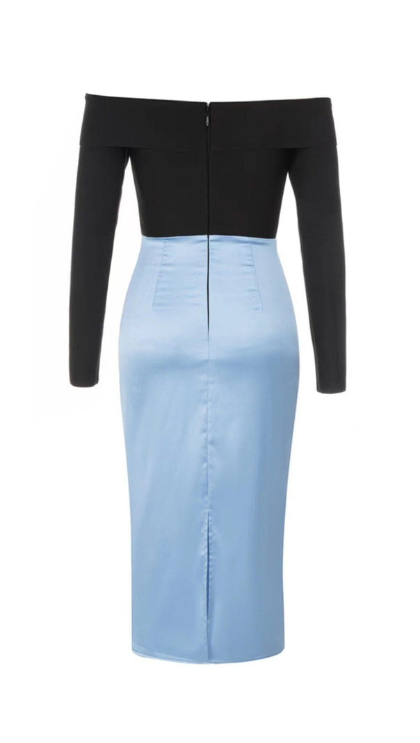 AIIZIE ONE-LINE SHOULDER LOTUS LEAF FISH TAIL DRESS IN BLACK AND BLUE SPLICED - product image