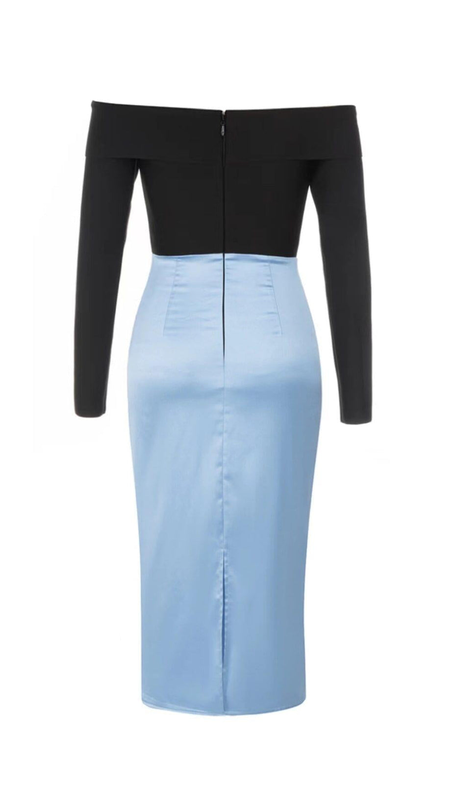 ONE-LINE SHOULDER LOTUS LEAF FISH TAIL DRESS IN BLACK AND BLUE SPLICED