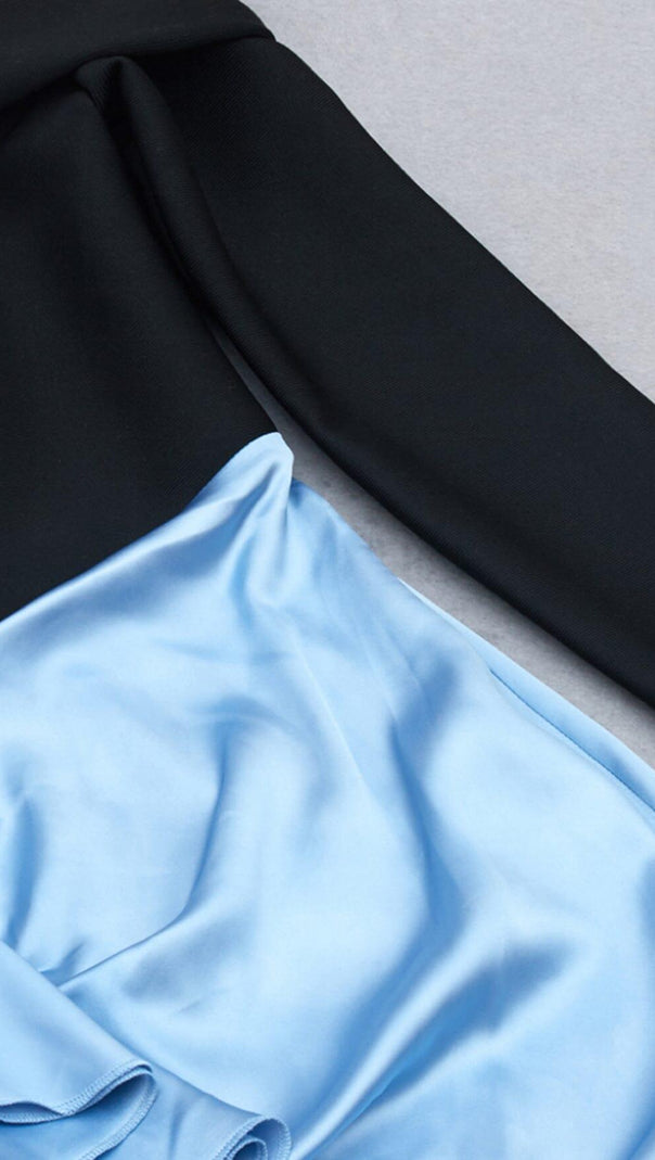 AIIZIE ONE-LINE SHOULDER LOTUS LEAF FISH TAIL DRESS IN BLACK AND BLUE SPLICED - product image