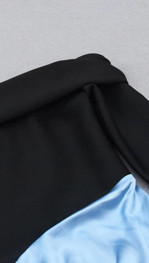 AIIZIE ONE-LINE SHOULDER LOTUS LEAF FISH TAIL DRESS IN BLACK AND BLUE SPLICED - product image
