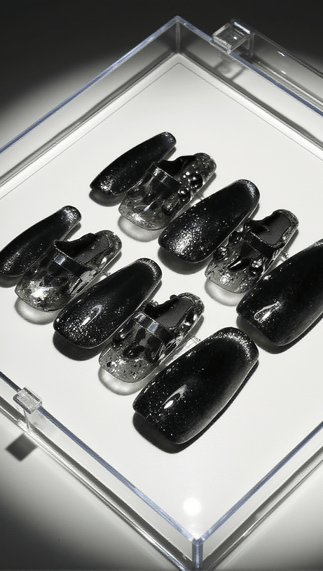 BLACK CAT EYE CRYSTAL HANDMADE PRESS ON NAILS