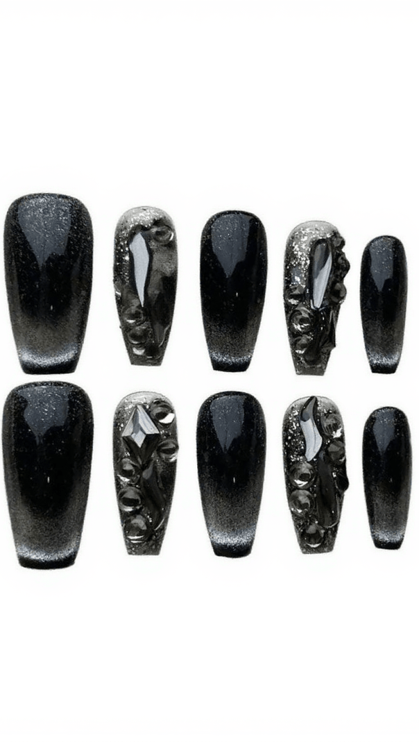 AIIZIE BLACK CAT EYE CRYSTAL HANDMADE PRESS ON NAILS - product image