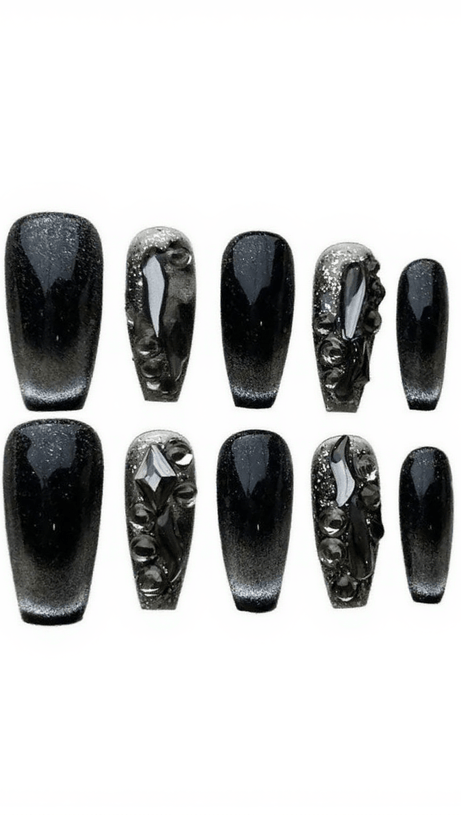 BLACK CAT EYE CRYSTAL HANDMADE PRESS ON NAILS