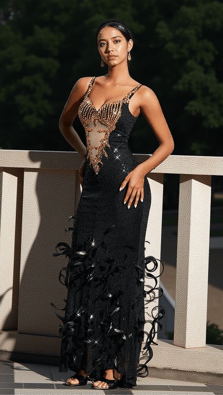 ABITO ZANE CON STRASS E PIUME E PAILLETTES