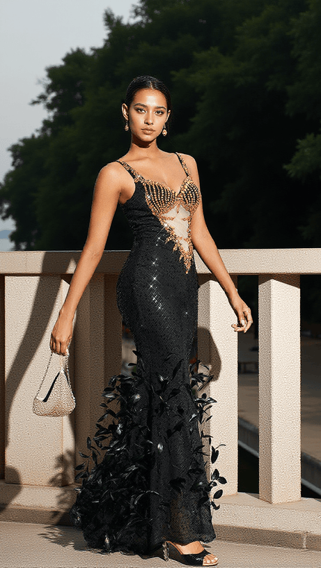 ABITO ZANE CON STRASS E PIUME E PAILLETTES