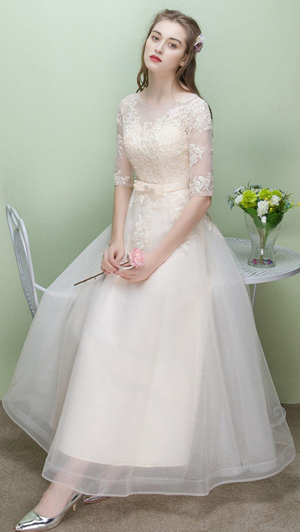 AIIZIE SWEET BRIDEMAID LACE HALF SLEEVES MAXI DRESS IN WHITE - product image