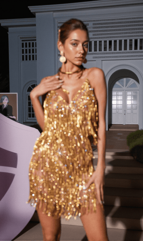 Fiadh Crystal Chain Fringe Mesh Mini Dress In Gold