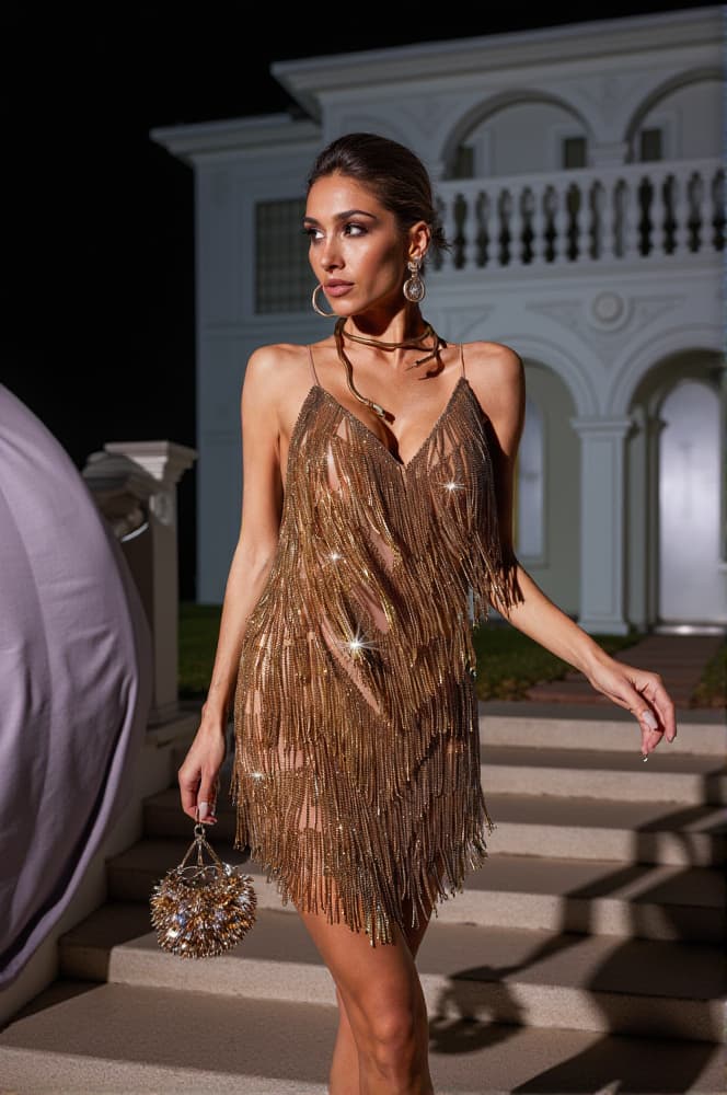 Fiadh Crystal Chain Fringe Mesh Mini Dress In Gold