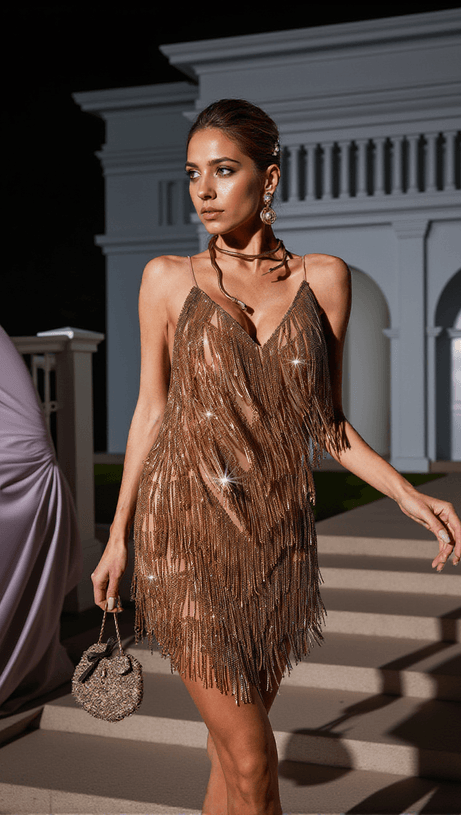 FIADH CRYSTAL CHAIN FRINGE MESH MINI DRESS IN GOLD