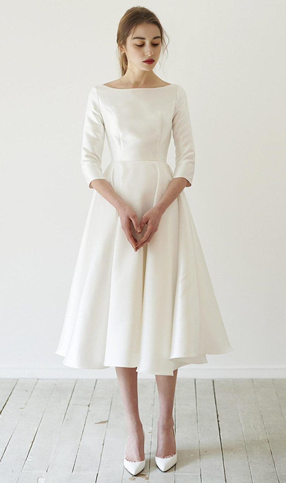 ELEGANT SATIN LONG SLEEVES MIDI DRESS IN IVORY