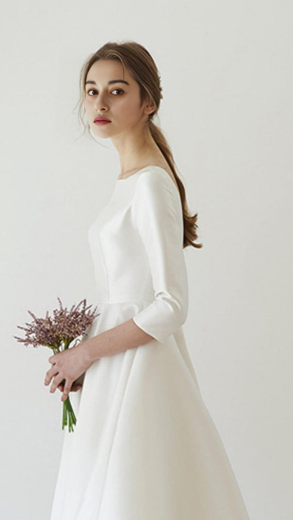 AIIZIE ELEGANT SATIN LONG SLEEVES MIDI DRESS IN IVORY - product image