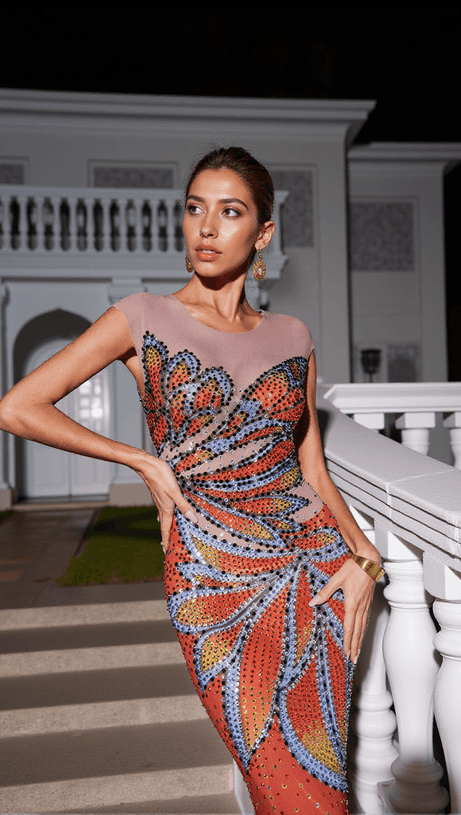 HANK RHINESTONE PRINTED MESH MAXI DRESS