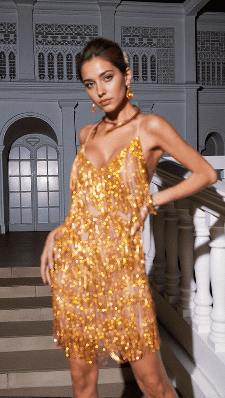 ABITO MIDI IN RETE CON FRANGE E CATENA DI CRISTALLI FIADH