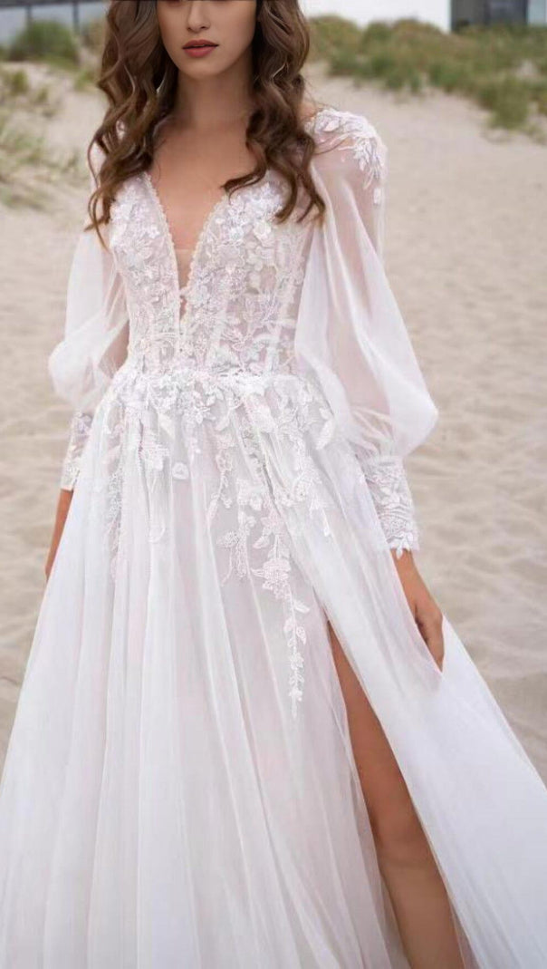 High Split Long-Sleeved Wedding Dress in White