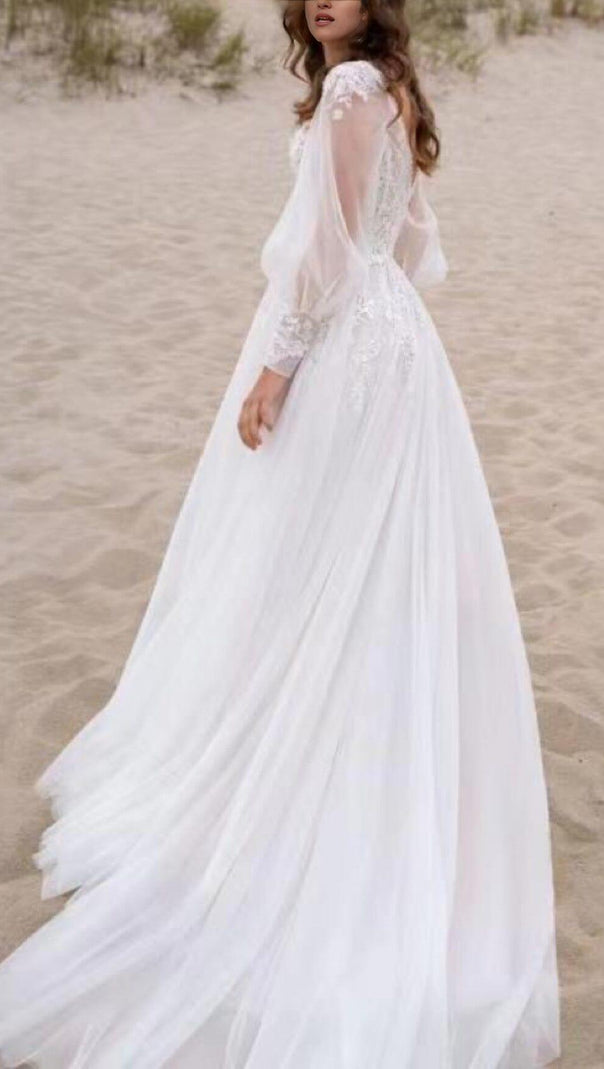 High Split Long-Sleeved Wedding Dress in White