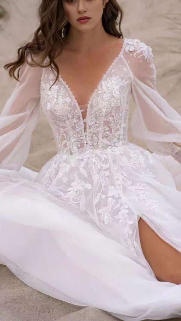 High Split Long-Sleeved Wedding Dress in White
