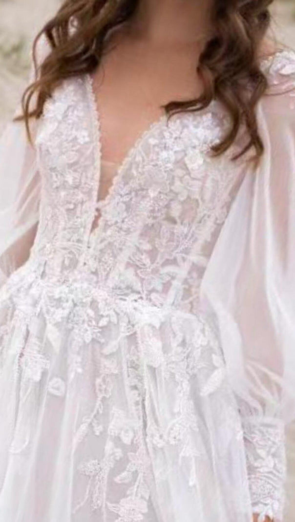 High Split Long-Sleeved Wedding Dress in White
