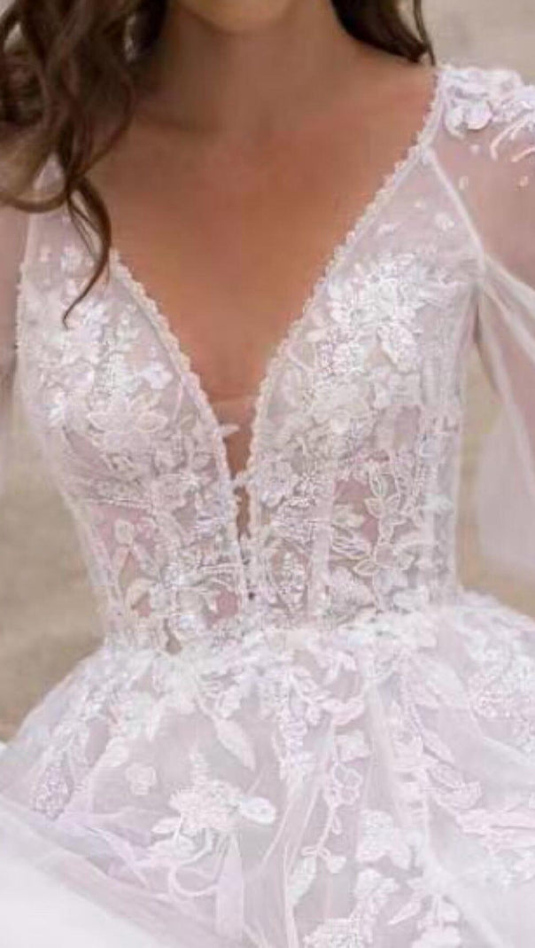 High Split Long-Sleeved Wedding Dress in White