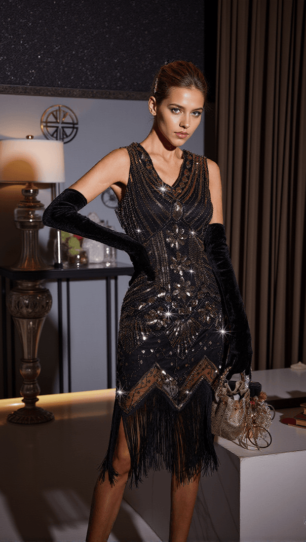 AIIZIE BOOMER V NECK FRINGE SEQUIN DRESS - product image