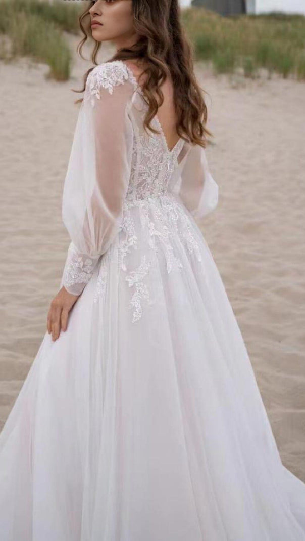 High Split Long-Sleeved Wedding Dress in White