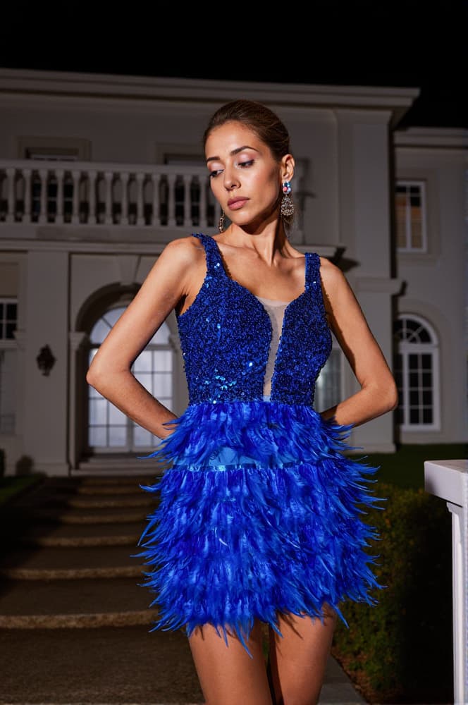 Malachi Sequin Feather Mini Dress In Blue