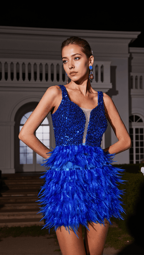 ABITO CORTO MALACHI CON PIUME E PAILLETTES BLU