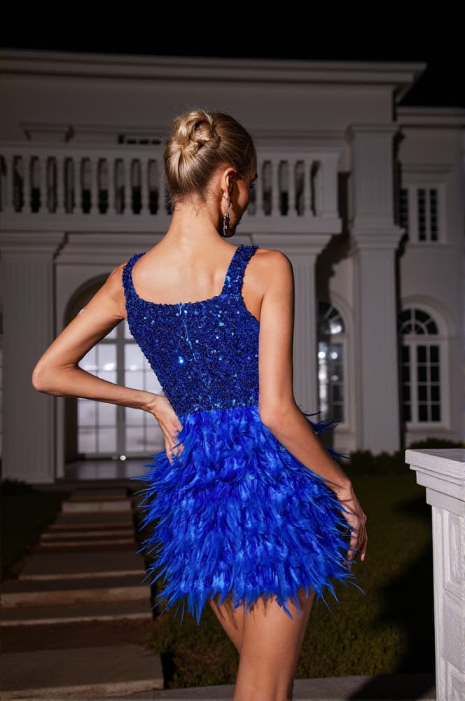 Malachi Sequin Feather Mini Dress In Blue