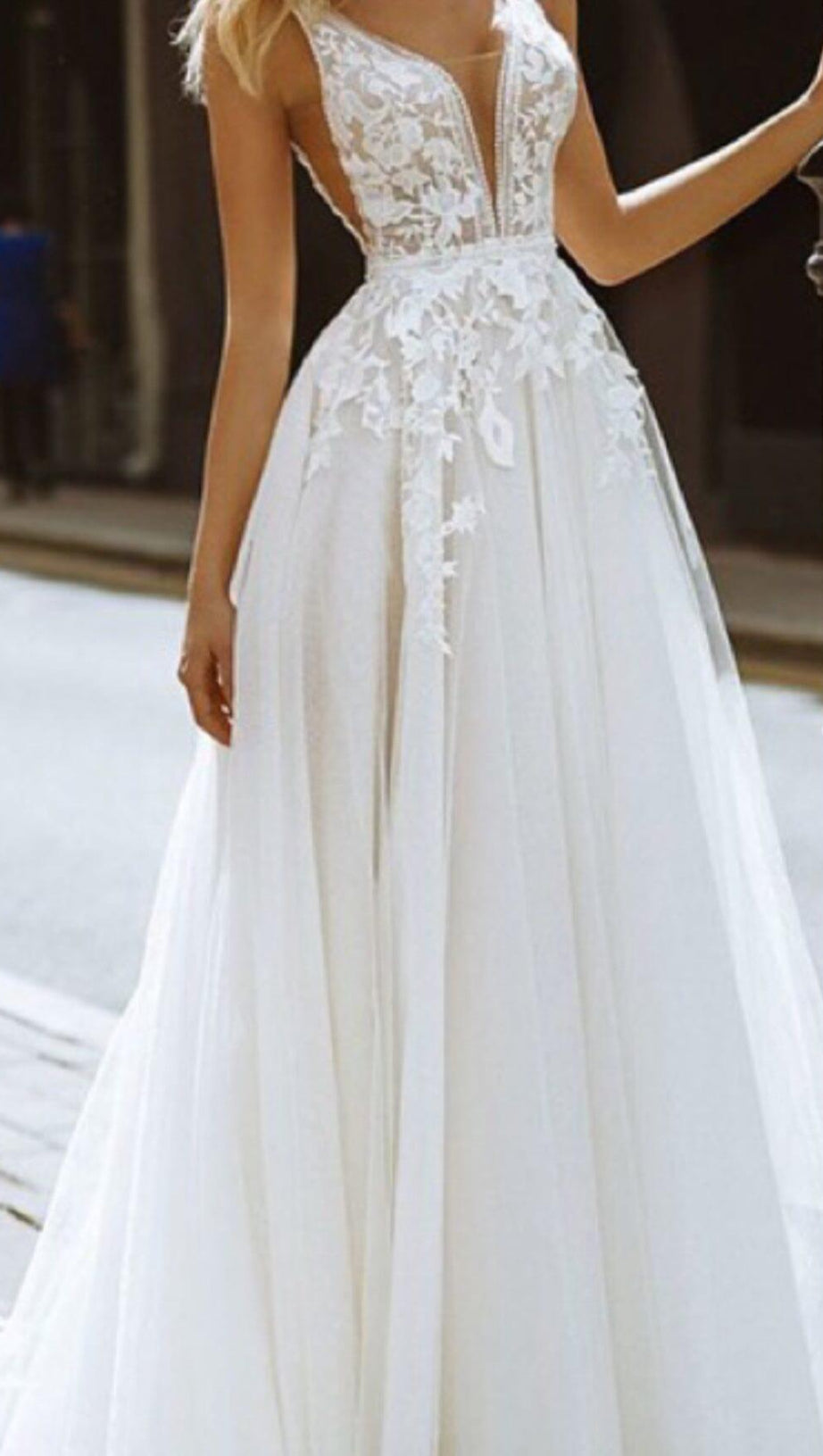 LARGE V-NECK SEE-THROUGH LACE HALTER DRESS IN WHITE