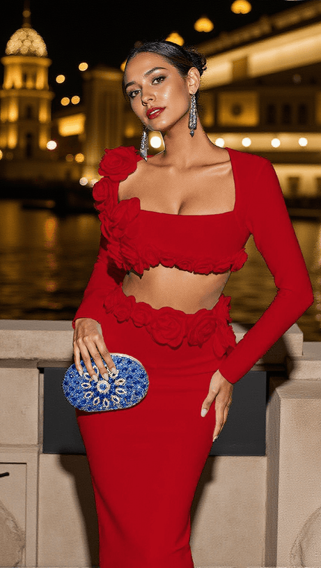 RUFUS FLOWER BANDAGE SKIRT SET IN RED