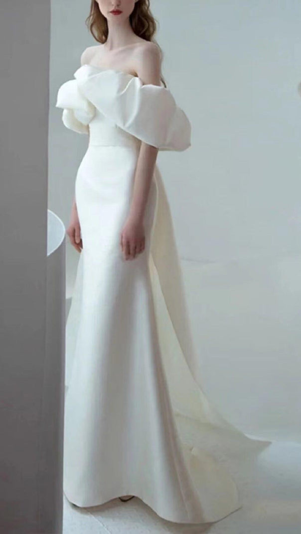 AIIZIE IRREGULAR NECKLINE RIBBON MAXI DRESS IN WHITE - product image