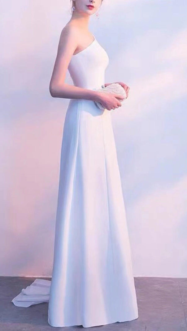AIIZIE LONG YARN SLOPING SHOULDERS FISHTAIL DRESS IN WHITE - product image