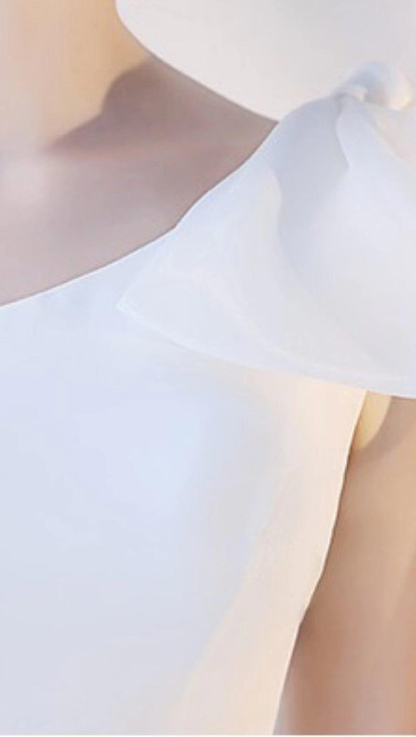 AIIZIE LONG YARN SLOPING SHOULDERS FISHTAIL DRESS IN WHITE - product image