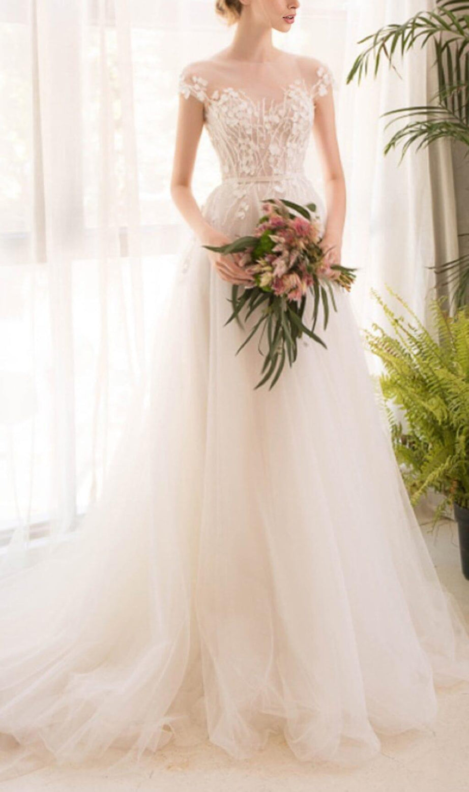 LACE PETAL-MESH MAXI DRESS IN WHITE