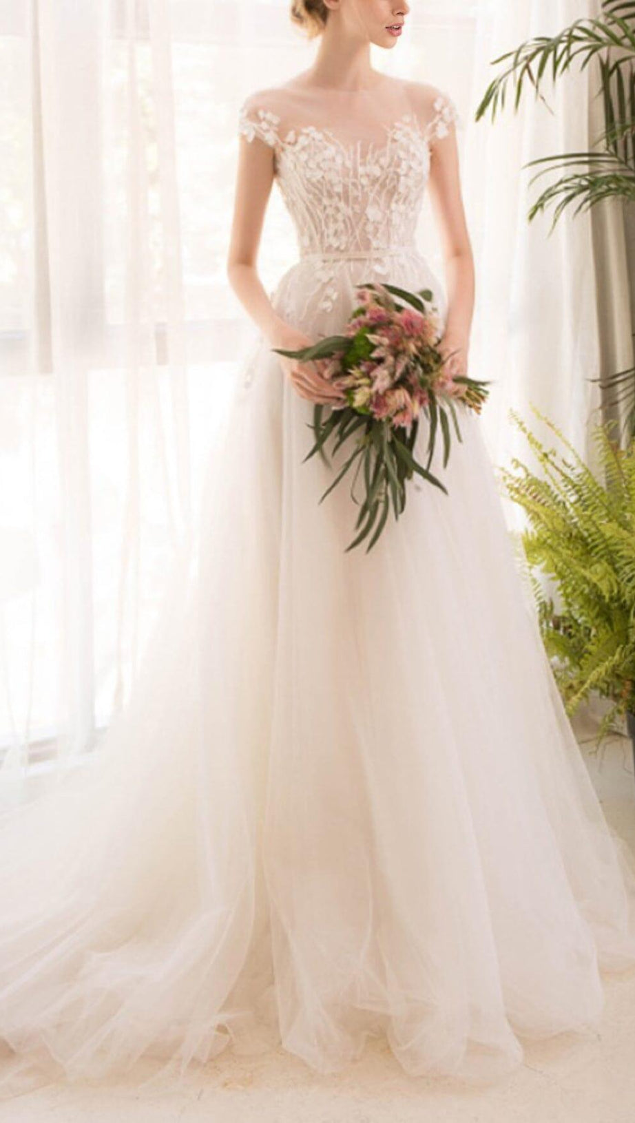 LACE PETAL-MESH MAXI DRESS IN WHITE